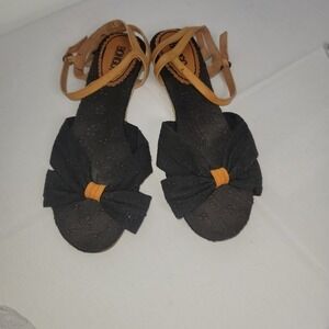 Bongo Women's 10 Black Eyelet‎ Fabric Bow Sandal Boho Hippie Summer Festival Y2K